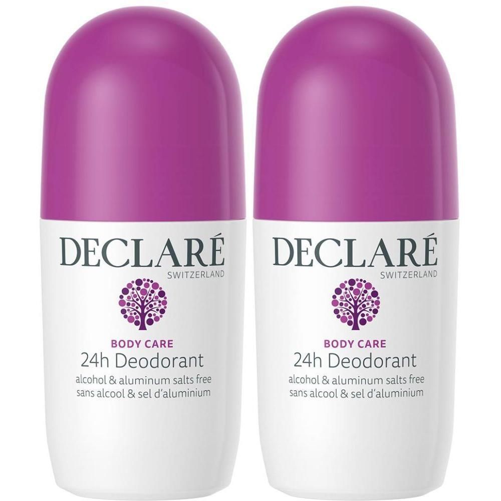 Deux roll-ons déodorants DECLARÉ 24h, blancs avec capuchon violet, sans alcool.