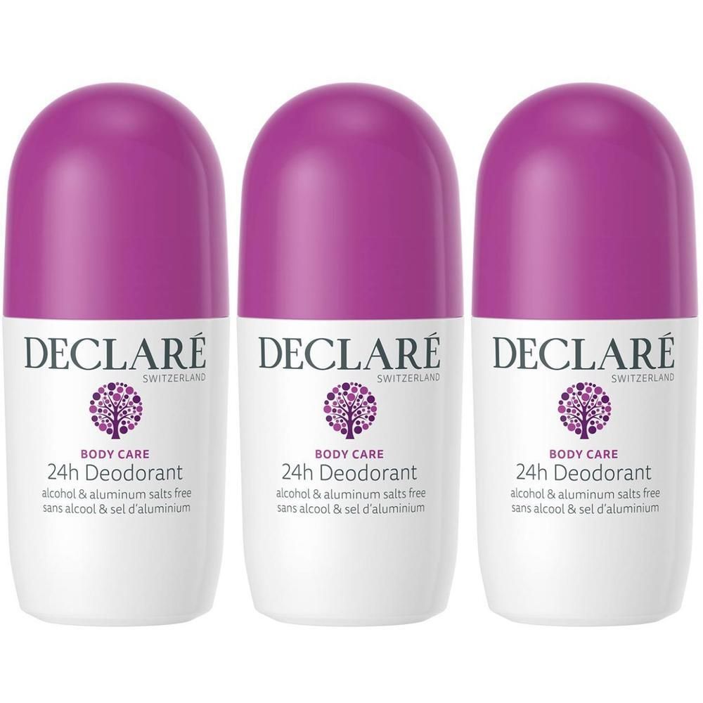 Trois flacons de déodorant 24h DECLARÉ avec bouchon violet. Sans alcool ni sels d'aluminium.