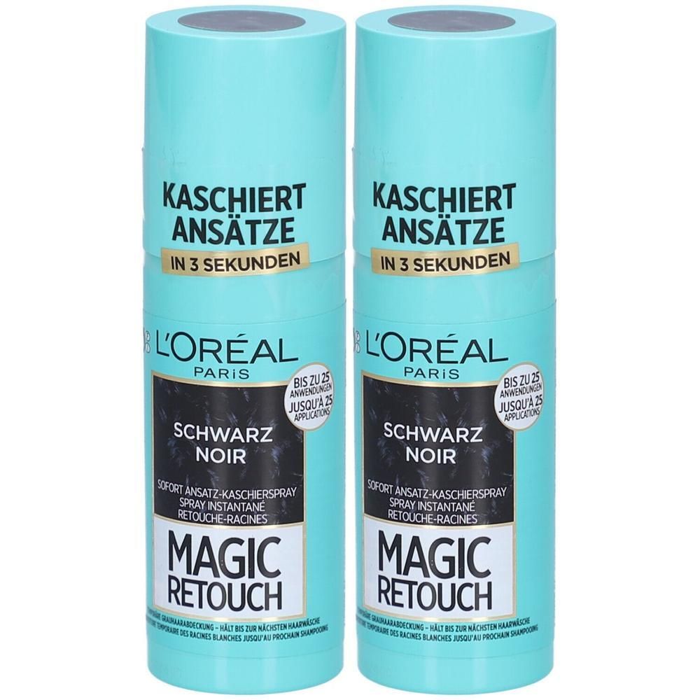 Deux sprays cylindriques. Inscription: KASCHIERT ANSÄTZE, L'Oréal Paris, SCHWARZ NOIR, MAGIC RETOUCH.