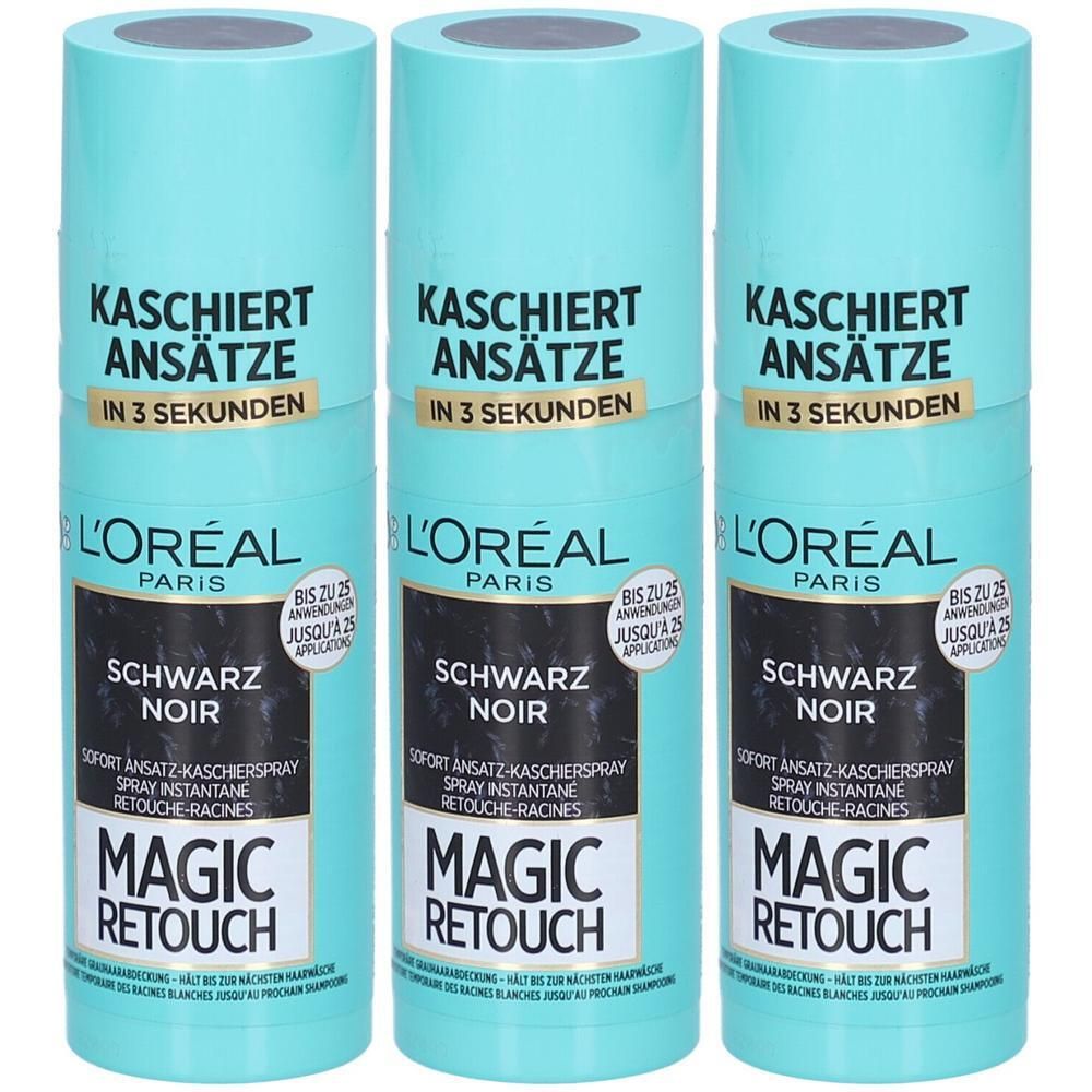 Trois sprays L'Oréal Magic Retouch Noir. Flacons turquoise avec texte noir. Texte: Kaschiert Ansätze in 3 Sekunden.