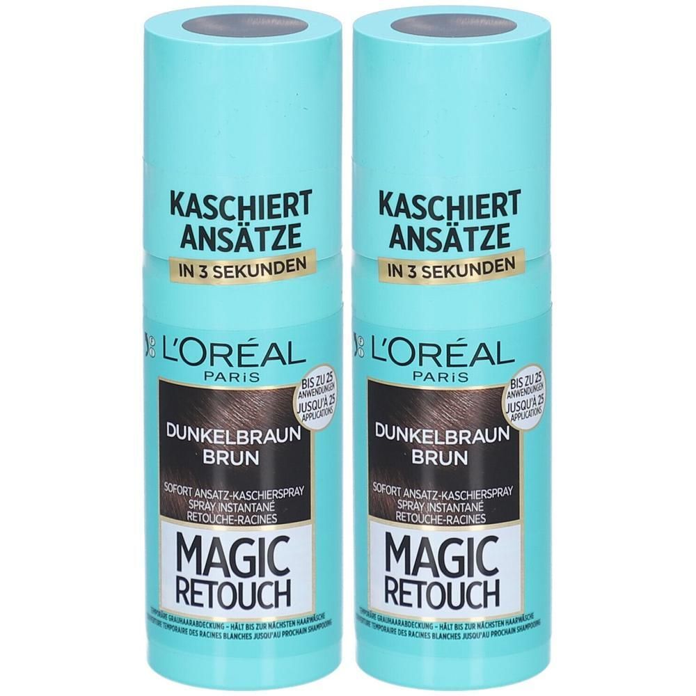 Deux sprays L'Oréal MAGIC RETOUCH Brun foncé. Flacons turquoise avec étiquette noire. Texte: Kaschiert Ansätze in 3 Sekunden.