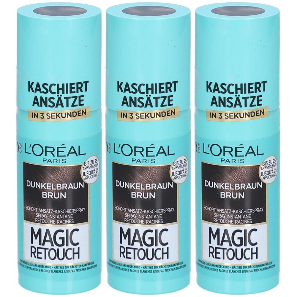 Trois sprays L'Oréal Magic Retouch Brun foncé. Flacons turquoise avec étiquette noire. Texte: Kaschiert Ansätze in 3 Sekunden.
