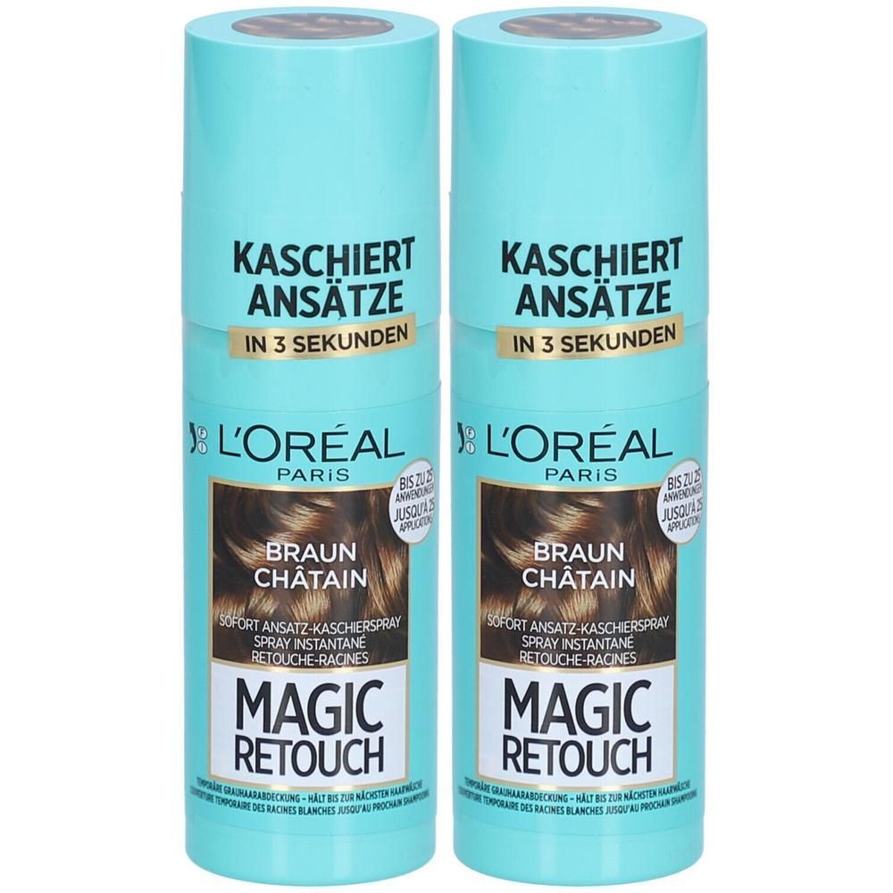 Deux sprays L'Oréal Magic Retouch Châtain pour camoufler les racines des cheveux.