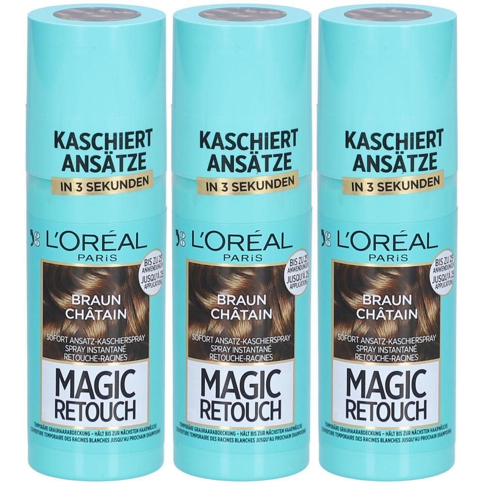 Trois sprays L'Oréal Magic Retouch châtain. Camoufle les racines en 3 secondes.