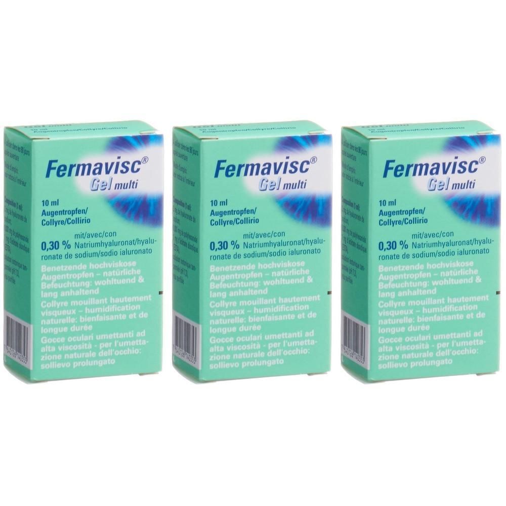 Drei Packungen FERMAVISC Gel multi Augentropfen, 10 ml, 0,30% Natriumhyaluronat.