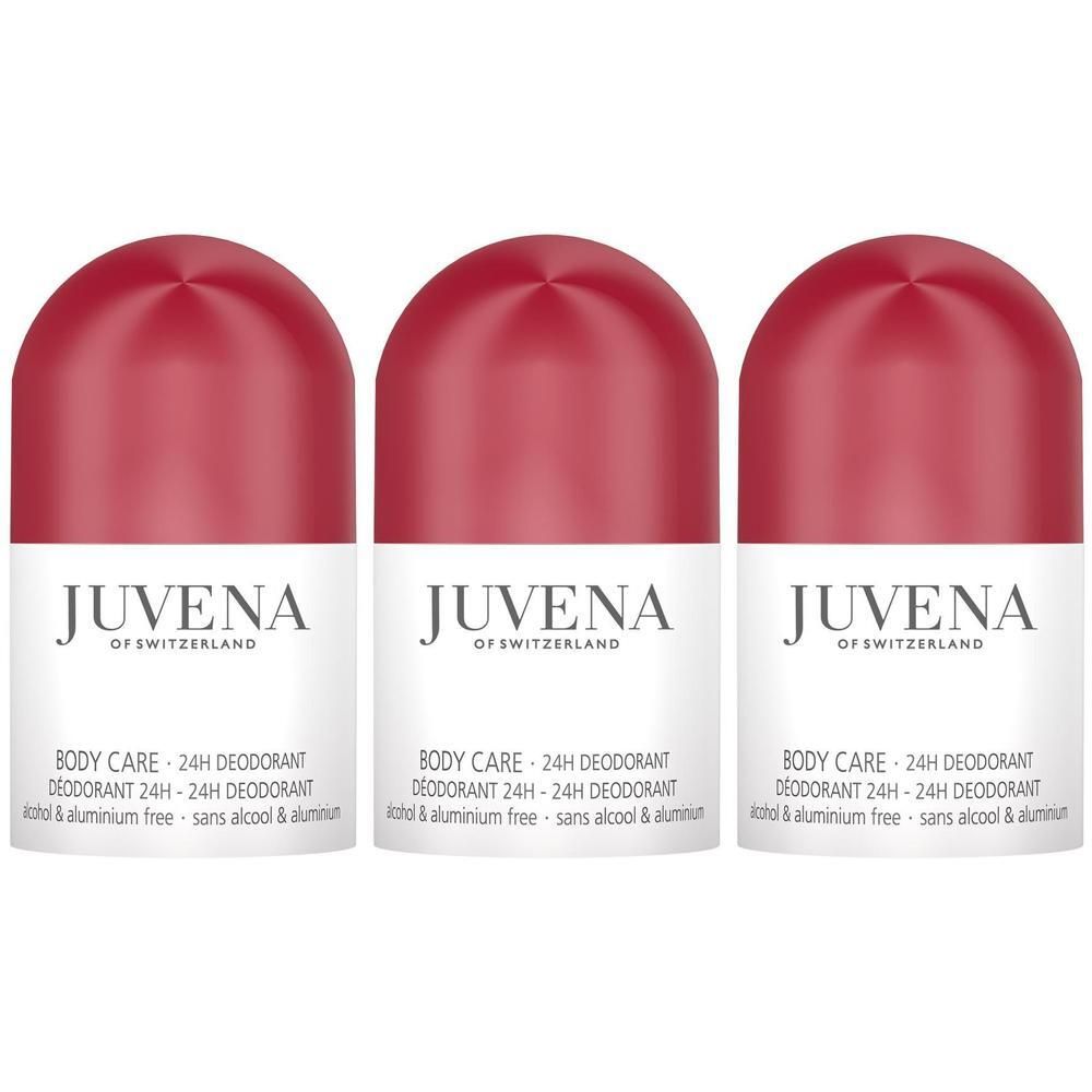 Drei rote Juvena Body Care 24H Deodorant Rollen auf weißem und rotem Hintergrund.