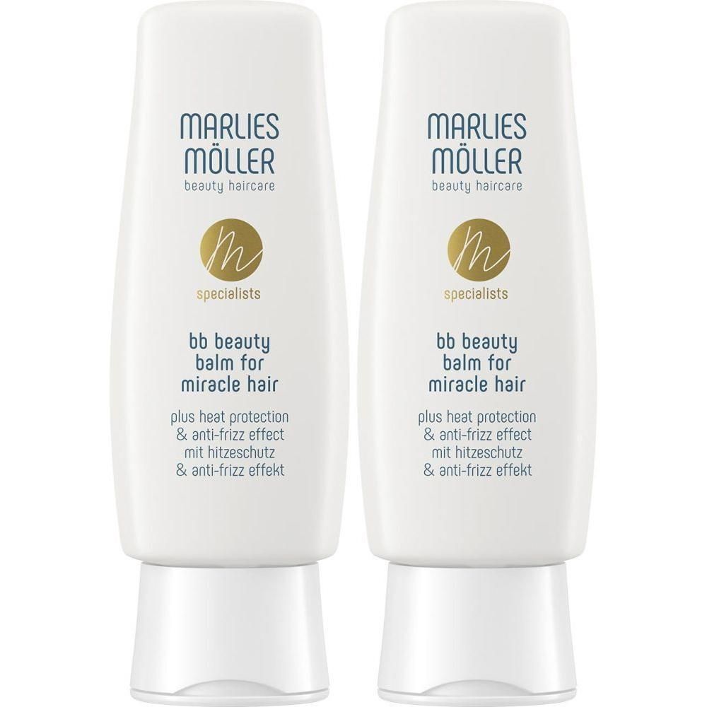Zwei weiße Tuben mit blauer Schrift und goldenem Logo. Aufschrift: MÖLLER, bb beauty balm for miracle hair.