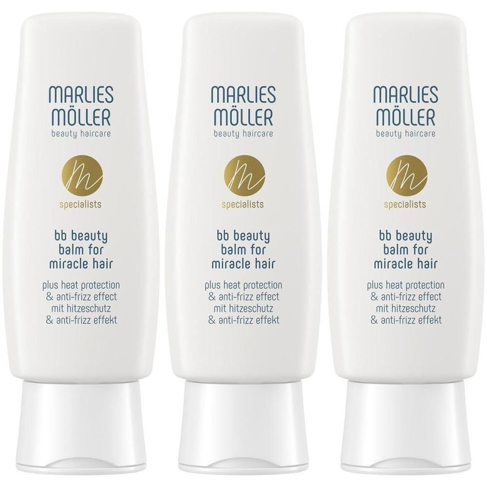 Drei weiße Tuben mit blauer Schrift und goldenem Logo. Text: Marlies Möller, bb beauty balm for miracle hair.