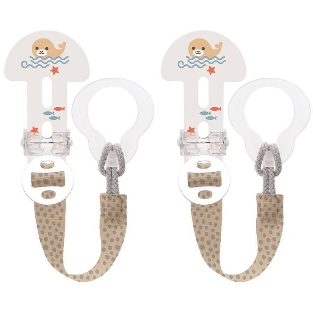 Deux attaches-tétine avec motif phoque et poissons. Rubans beiges à pois.