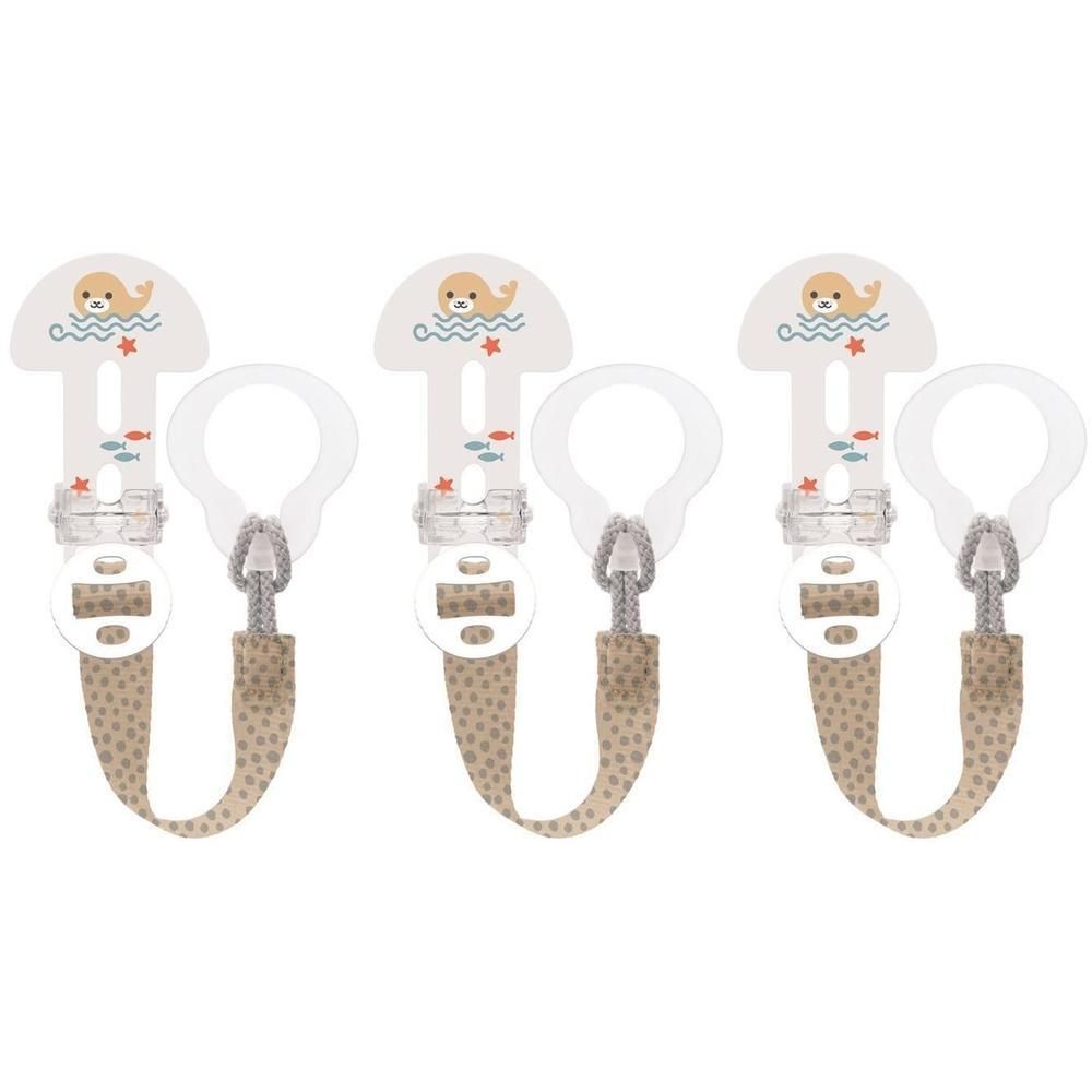 Trois attaches-sucette avec motif phoque et ruban beige à pois.