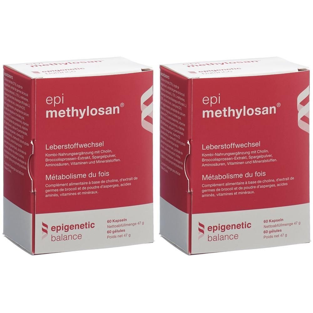 Zwei rote Kartons mit "epi methylosan" Aufschrift. Text in Deutsch und Französisch. "epigenetic balance" Logo.