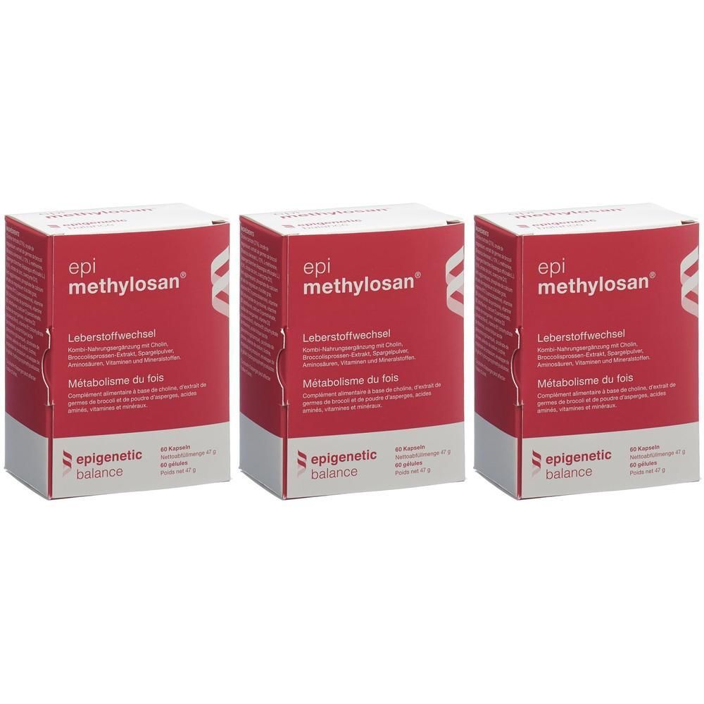 Trois boîtes rouges avec "epi methylosan". Texte en allemand et français. 60 gélules. Marque : epigenetic balance.