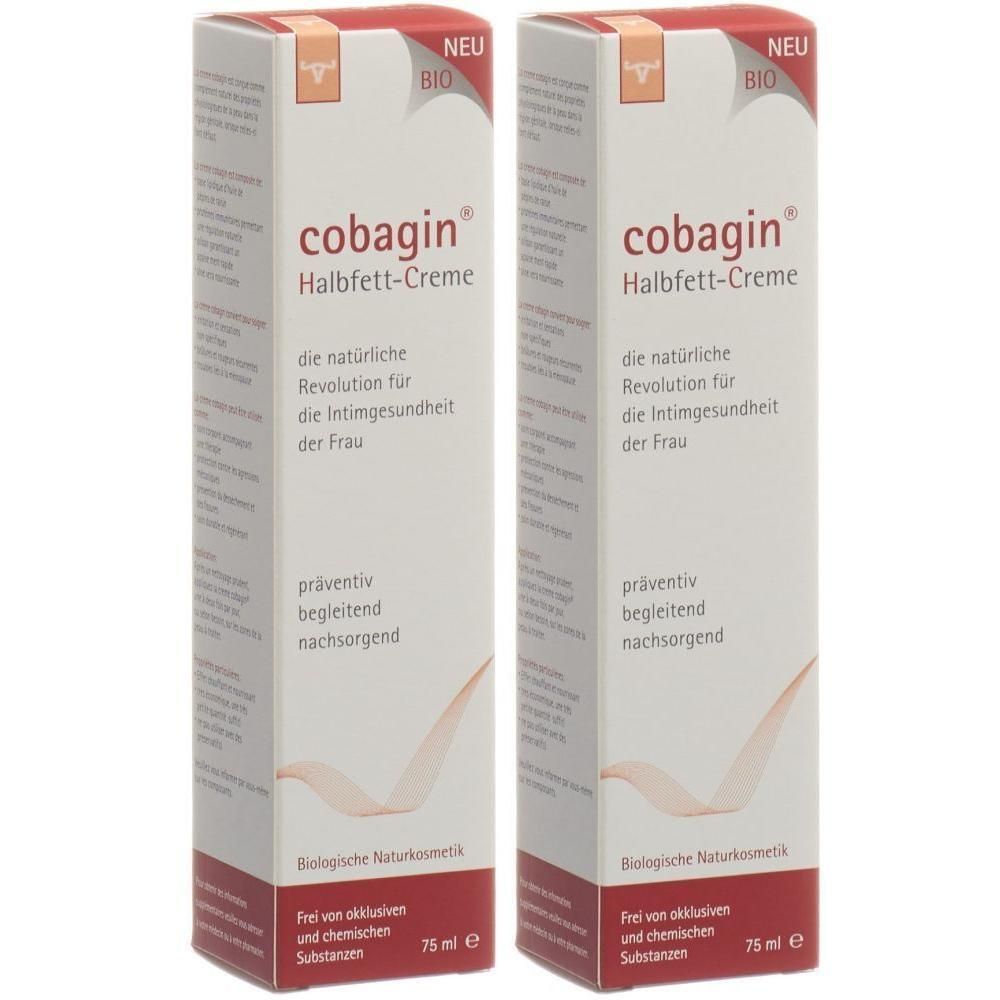 Deux boîtes rectangulaires. Inscription: cobagin Halbfett-Creme, texte en allemand. 75 ml. Mention: Bio.