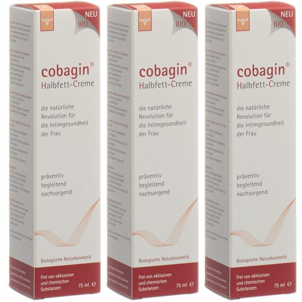 Trois boîtes identiques de "cobagin Halbfett-Creme". Inscription : "la révolution naturelle pour la santé intime de la femme". 75 ml.