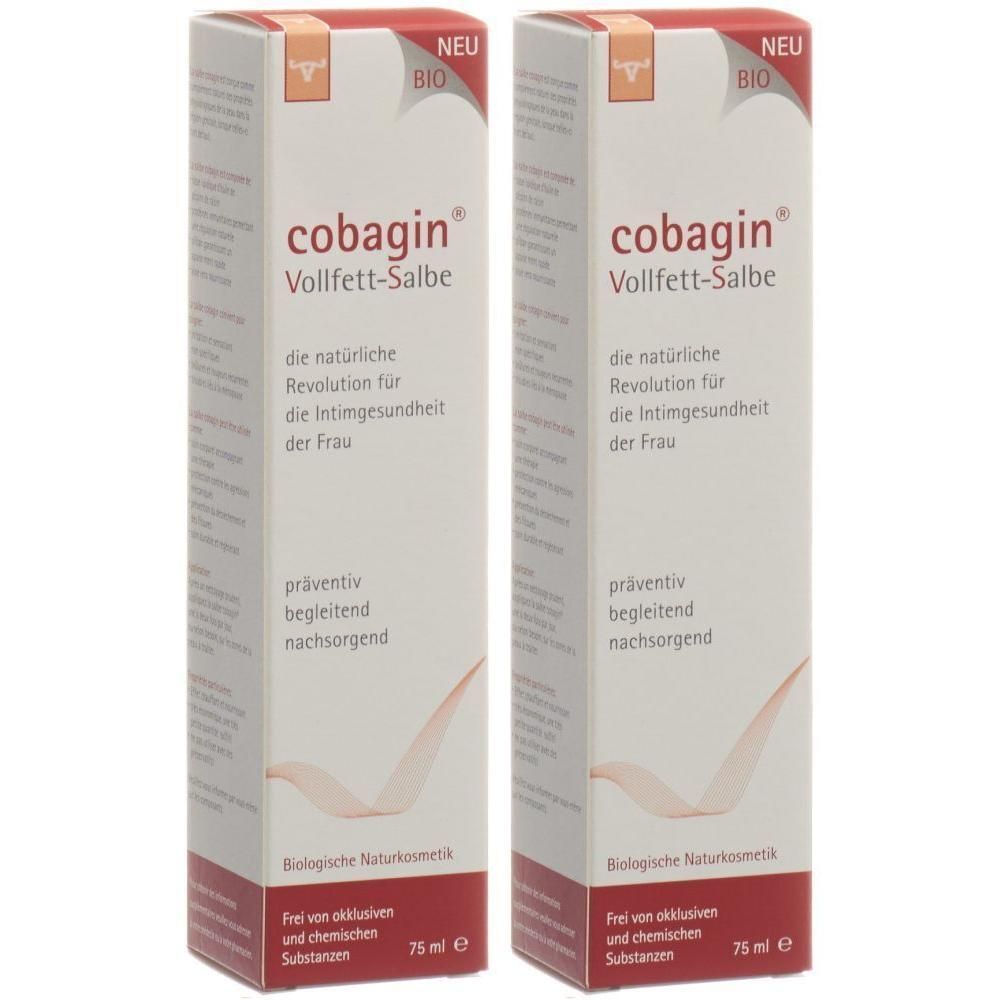 Zwei rechteckige Faltschachteln. Aufschrift: cobagin Vollfett-Salbe. Text zur Intimgesundheit. 75 ml. Frei von...