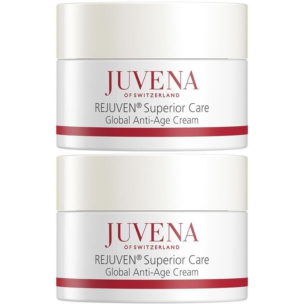 Zwei Tiegel JUVENA REJUVEN MEN Global Anti-Age Cream. Weiße Tiegel mit rotem Streifen und Schriftzug. Deckel weiß.