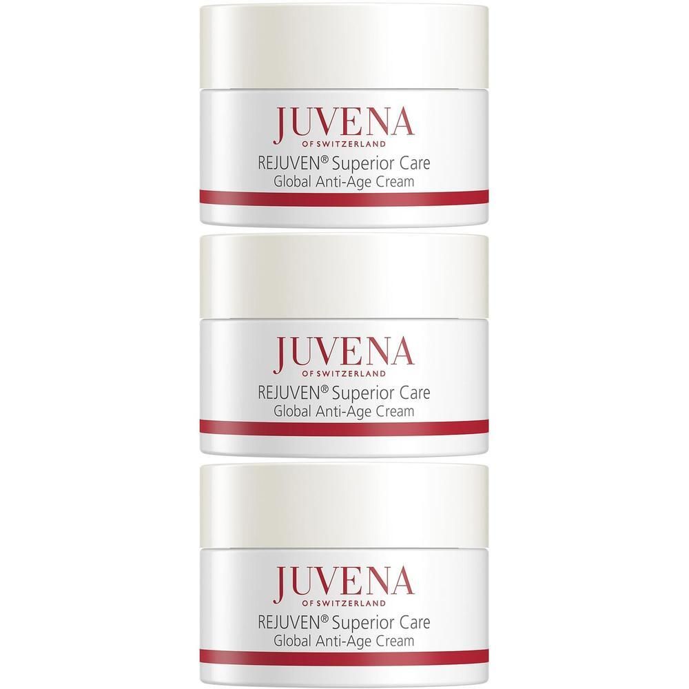 Drei Cremetiegel mit weißem Deckel und rotem Streifen. Aufschrift: JUVENA, REJUVEN Superior Care, Global Anti-Age Cream.