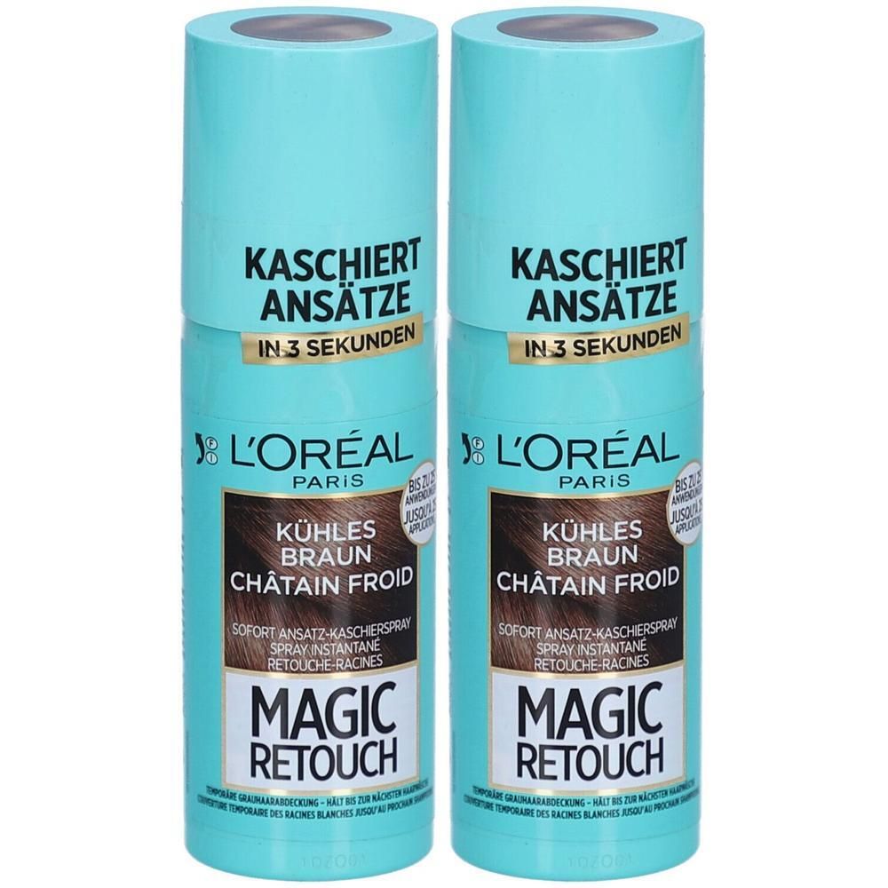 Zwei L'Oréal Paris Magic Retouch Sprays in Kaltbraun zur Kaschierung von Haaransätzen.
