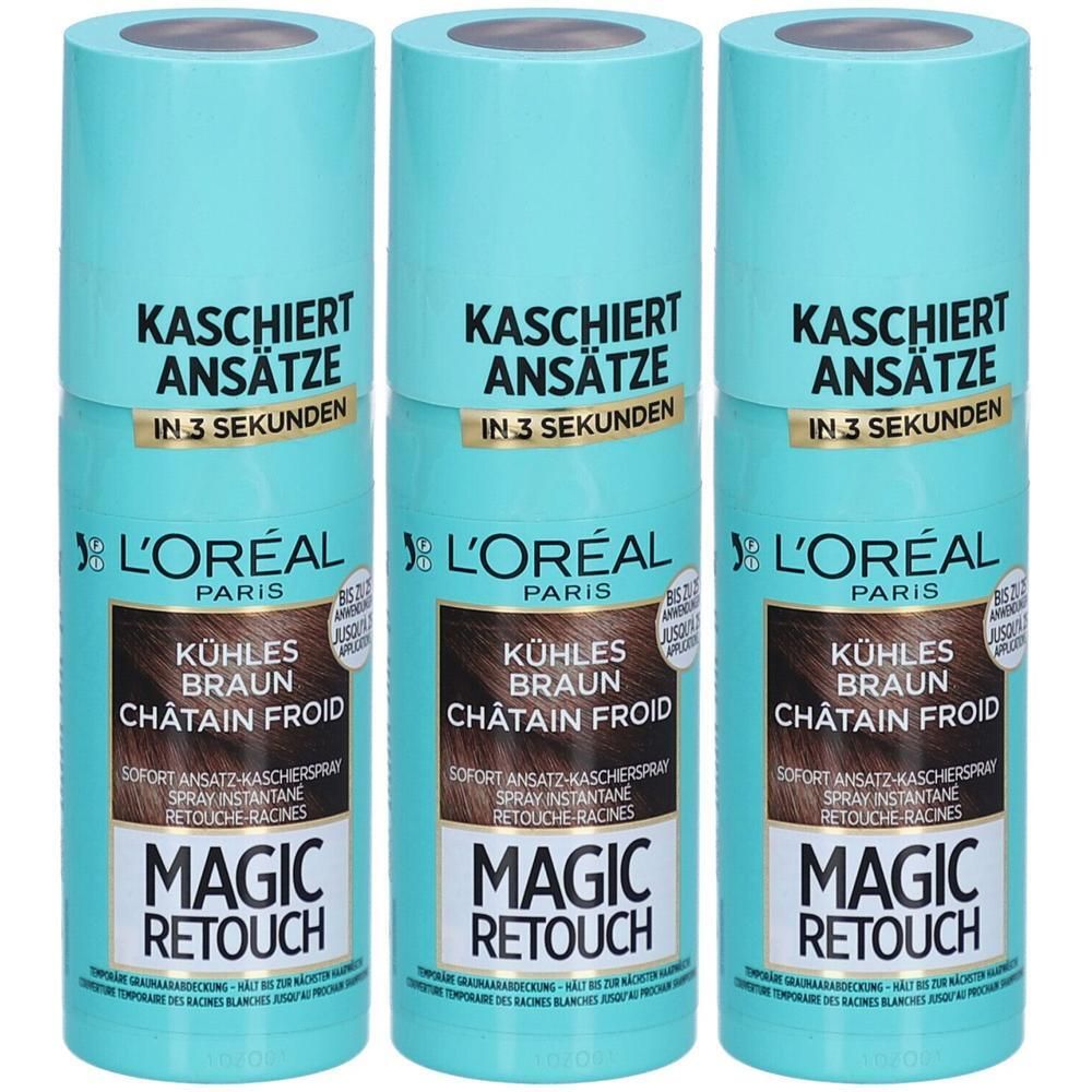 Drei L'Oréal Magic Retouch Sprays in Kaltbraun. Kaschiert Ansätze in 3 Sekunden.