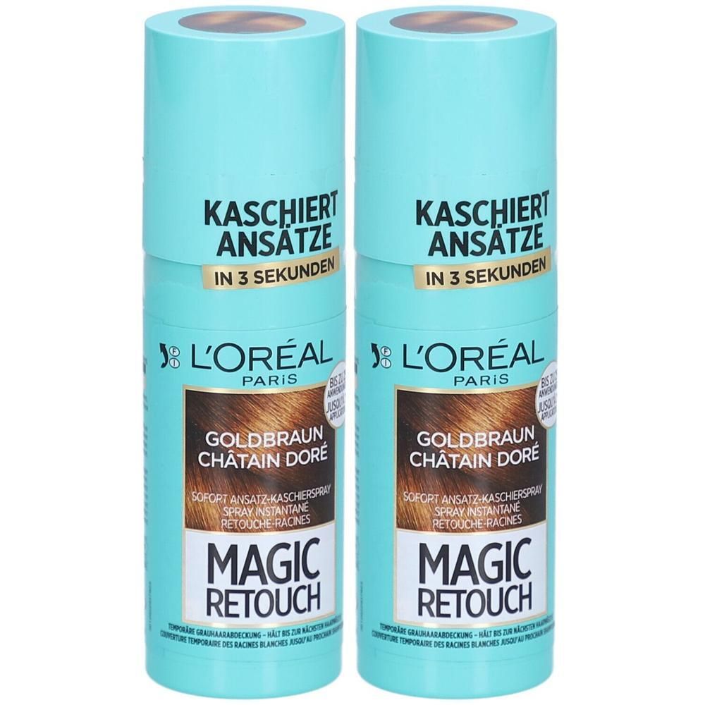 Zwei L'Oréal Magic Retouch Sprays in Goldbraun. Kaschiert Ansätze in 3 Sekunden.