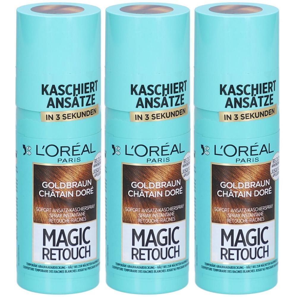Drei L'Oréal Paris Magic Retouch Sprays in Goldbraun. Kaschiert Ansätze in 3 Sekunden.