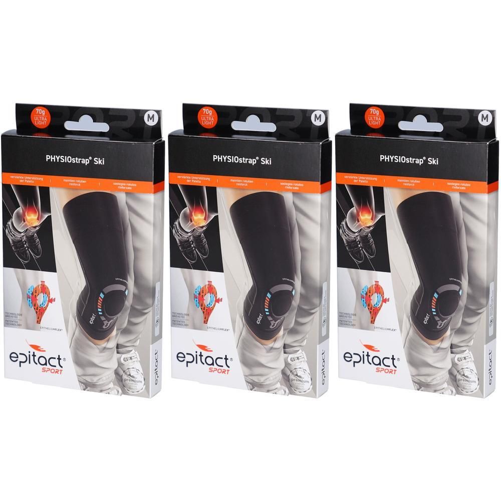 Drei Verpackungen des EPITACT Sport Physiostrap Knieb SKI. Schwarze Bandage am Knie abgebildet. Größe M.