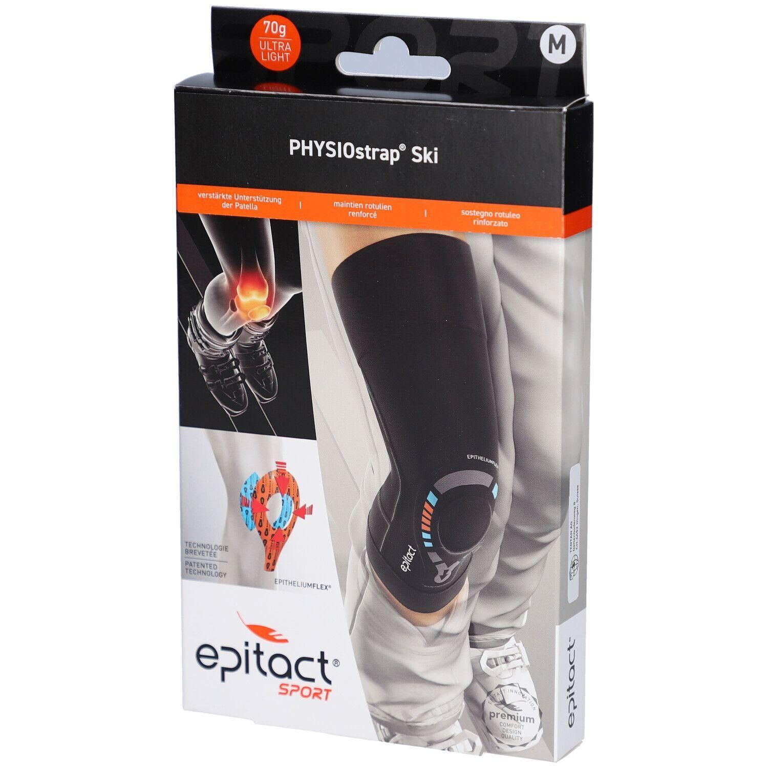 Verpackung mit Kniebandage. Schwarze Bandage am Bein, Illustration des Knies. Text: PHYSIOstrap Ski, epitact SPORT, Größe M.