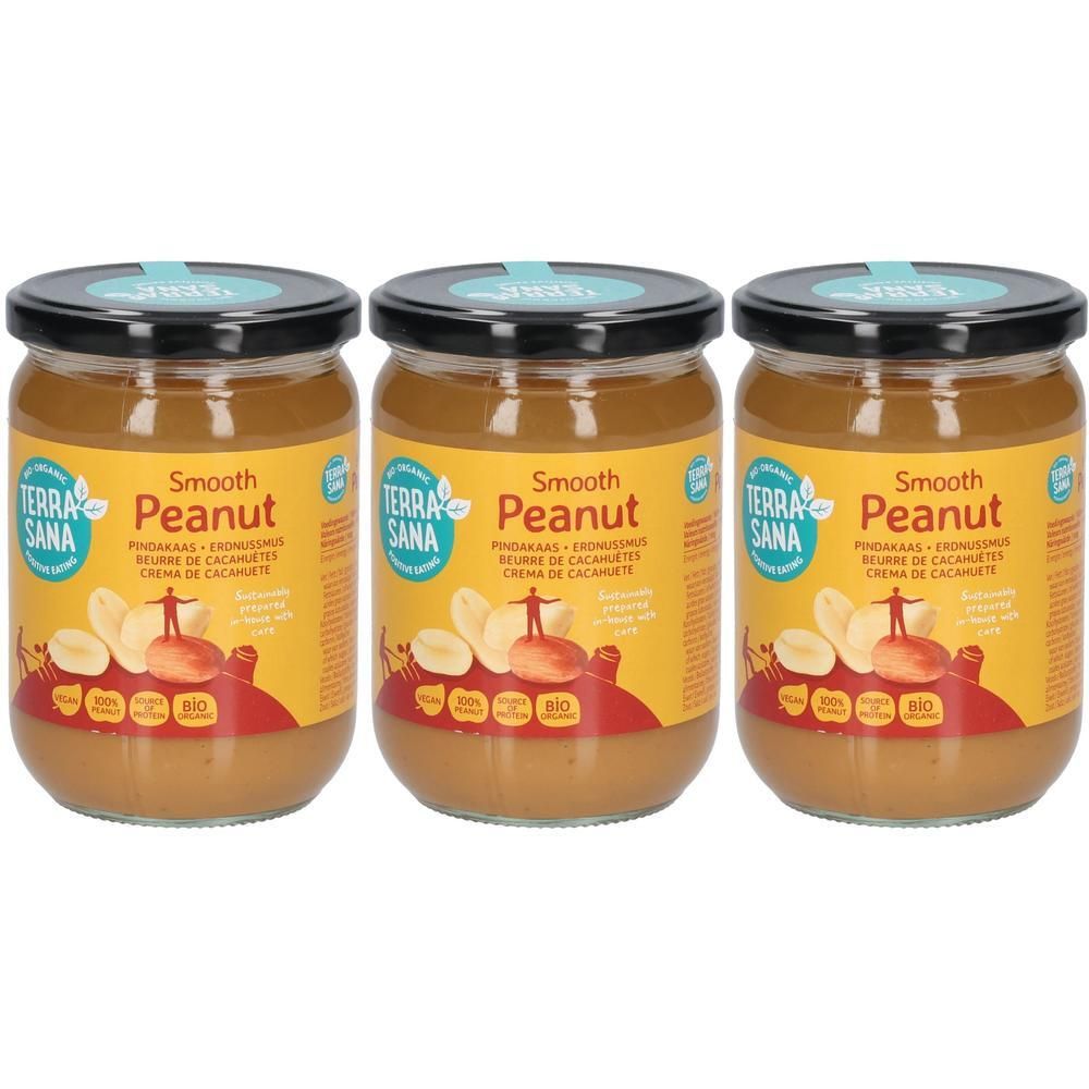 Trois pots de beurre de cacahuète avec couvercles noirs. Inscription "Smooth Peanut". Label bio.