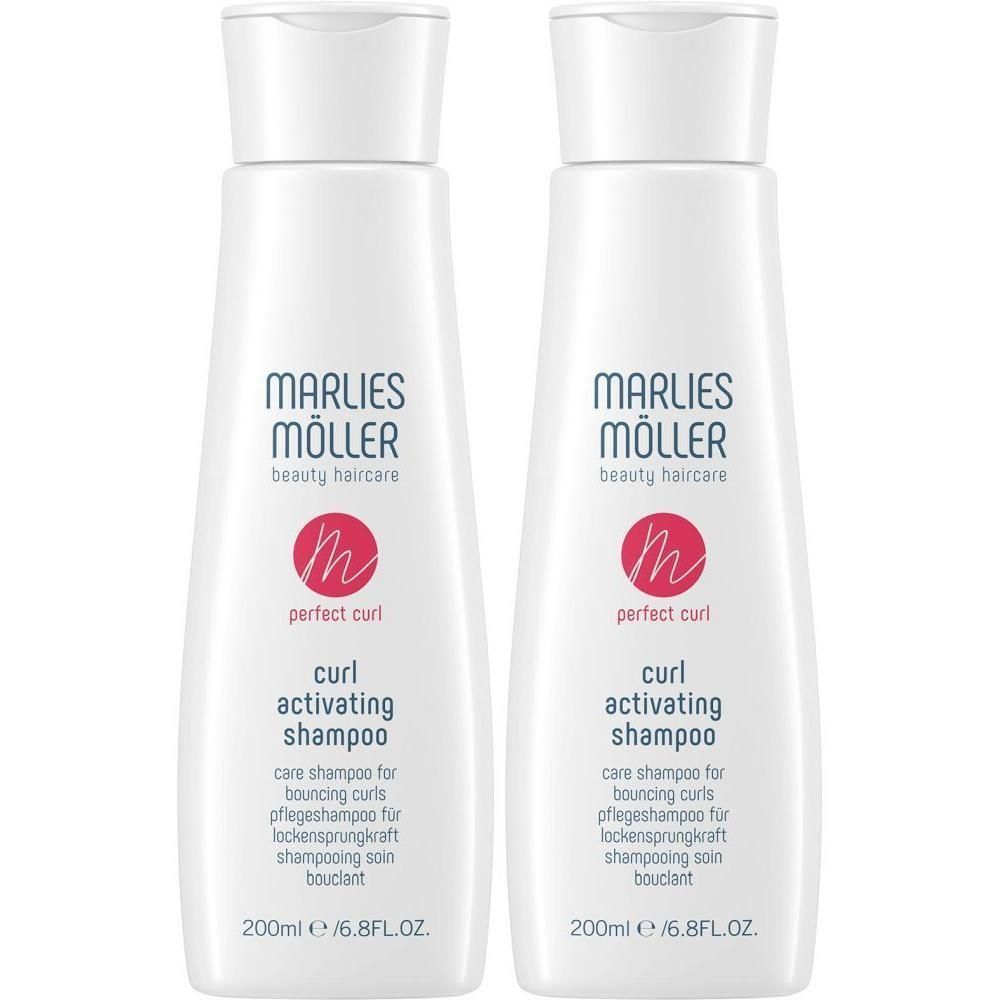 Zwei weiße Flaschen 'Marlies Möller perfect curl' Curl-aktivierendes Shampoo.