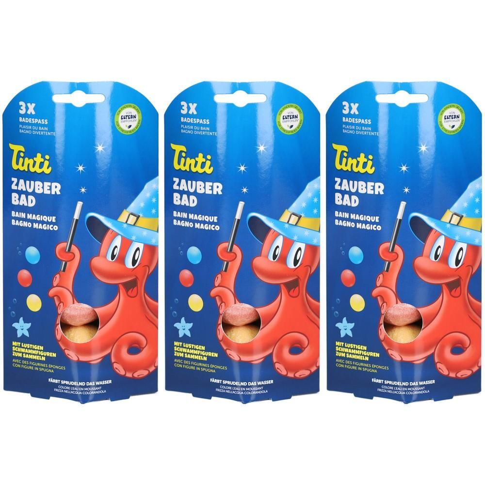 Drei Packungen Tinti Zauberbad. Jede Packung zeigt ein rotes Oktopus-Design mit Zauberhut und Zauberstab auf blauem Hintergrund.
