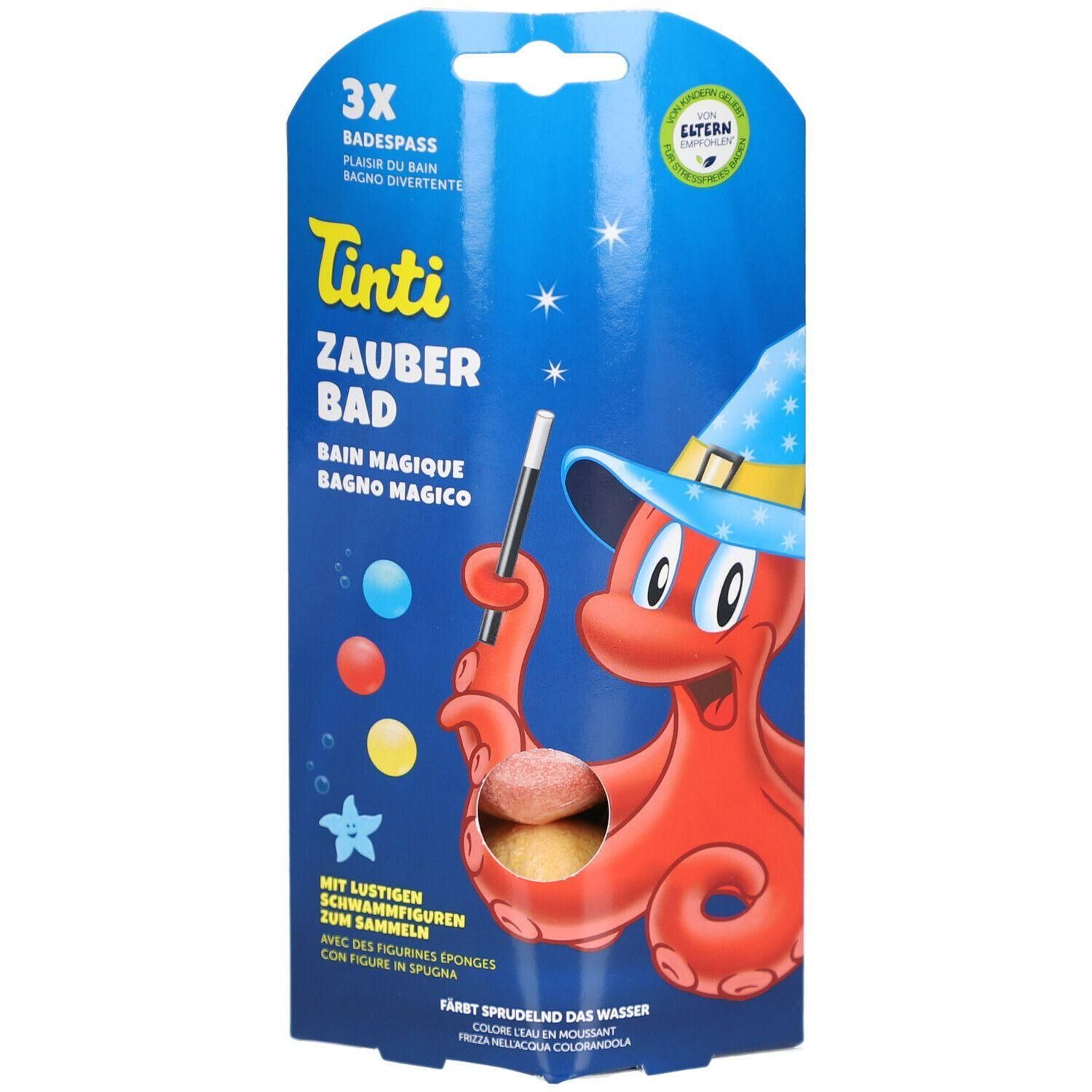 Verpackung mit Tinti Zauberbad. Enthält 3 Badezusätze. Auf der Verpackung ist ein roter Oktopus mit Zauberstab abgebildet.