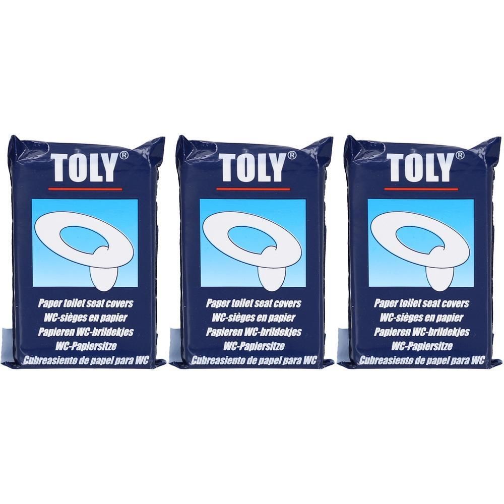 Trois paquets de protège-sièges WC. Emballage bleu avec symbole de siège de toilette blanc et marque TOLY. Désignations multilingues.