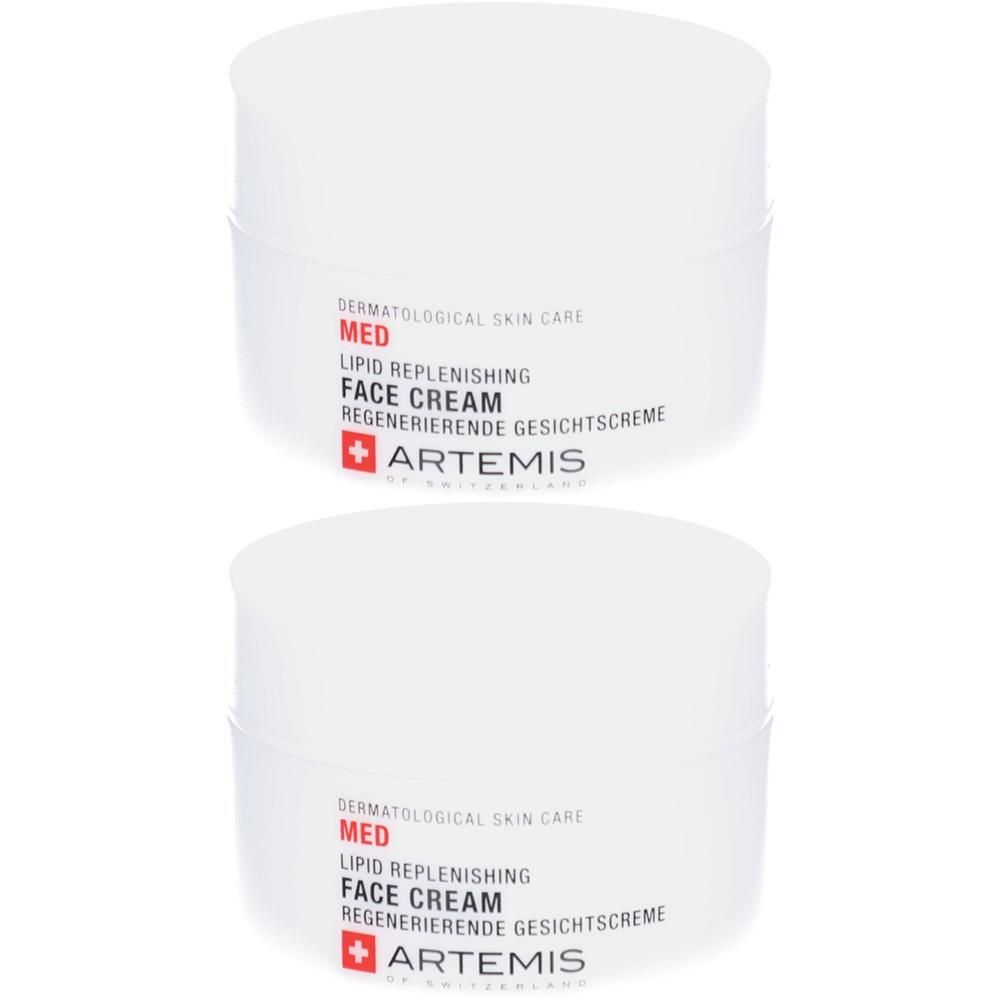 Zwei weiße Tiegel. Aufschrift: MED Lipid Replenishing Face Cream, ARTEMIS. Dermatologische Hautpflege. Regenerierende Gesichtscreme.