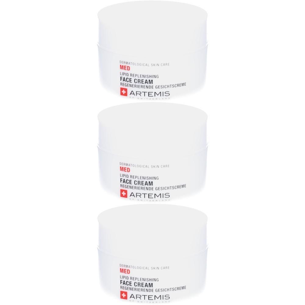 Drei weiße Tiegel. Aufschrift: MED Lipid Replenishing Face Cream, ARTEMIS Logo. Dermatologische Hautpflege.