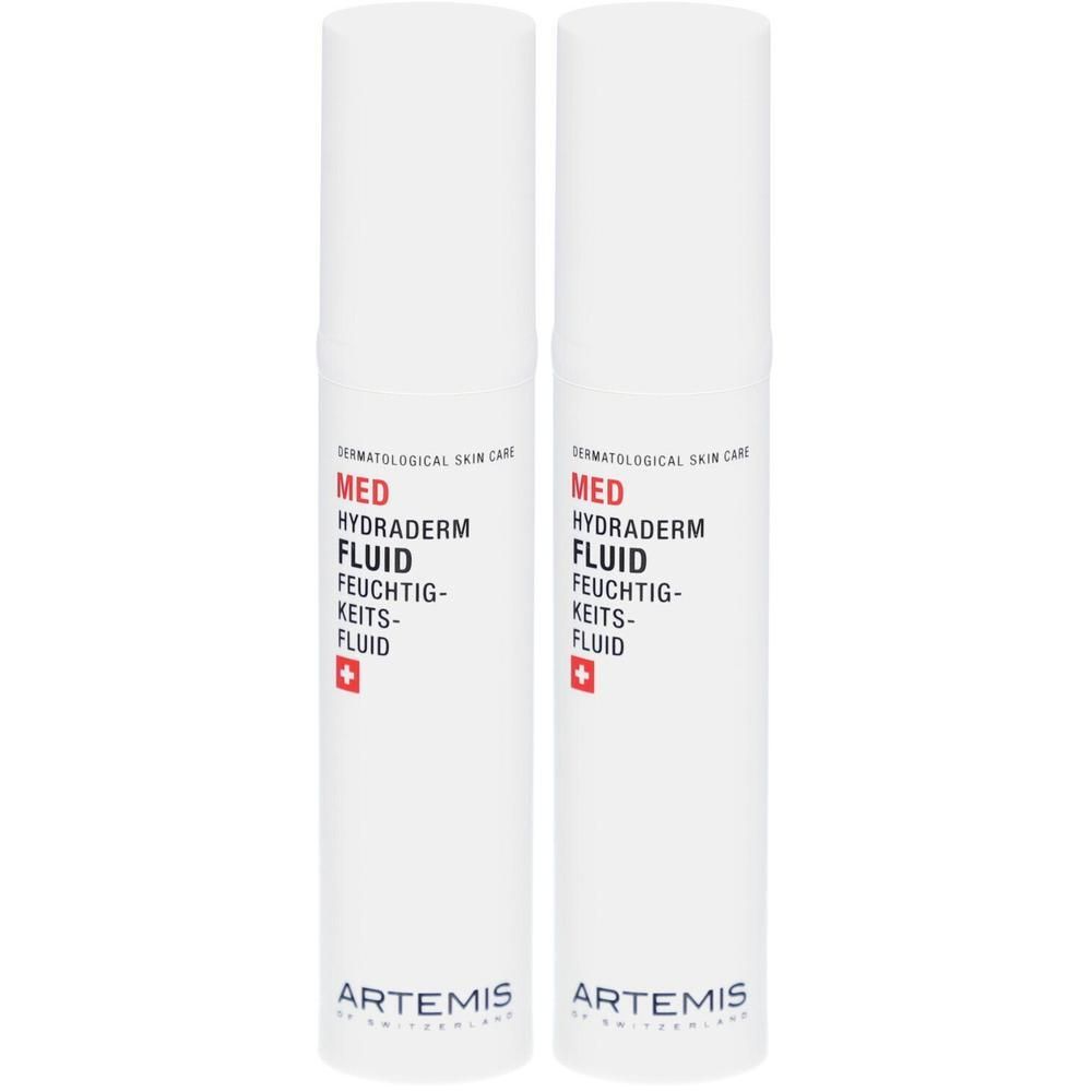 Deux flacons blancs avec texte rouge et noir. Inscription: MED Hydraderm Fluid. Marque: ARTEMIS.