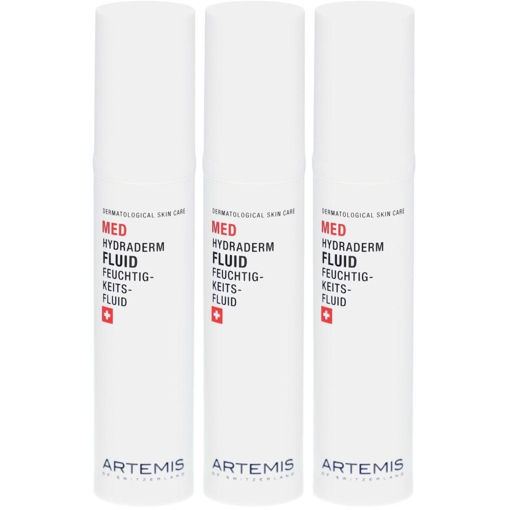 Trois flacons blancs avec texte. Inscription: MED Hydraderm Fluid. Marque: ARTEMIS. Croix suisse.