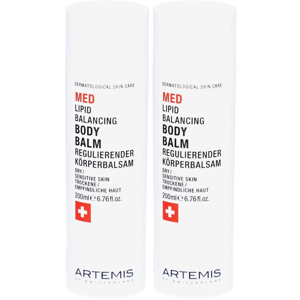 Deux flacons blancs avec texte rouge et noir. Inscription: MED Lipid Balancing Body Balm. Croix suisse. Marque: ARTEMIS.