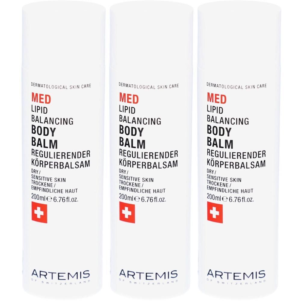 Drei weiße Flaschen mit roter und schwarzer Schrift. Aufschrift: MED Lipid Balancing Body Balm. Marke: ARTEMIS.