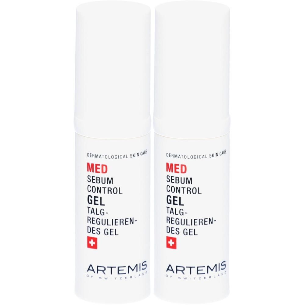 Deux flacons blancs. Inscription: MED Sebum Control Gel. Croix rouge. Marque: ARTEMIS.
