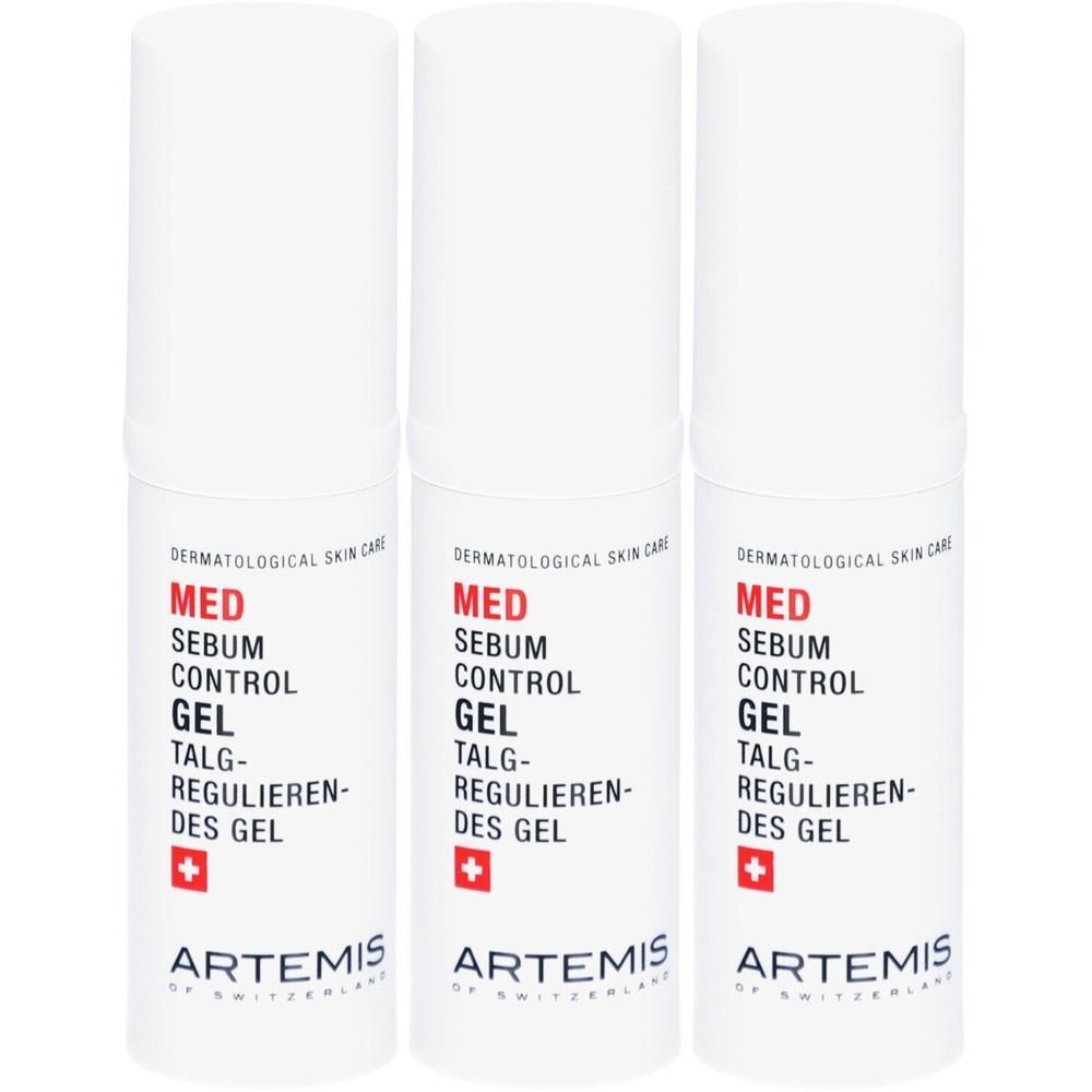 Trois flacons blancs avec texte rouge et noir. Inscription: MED Sebum Control Gel. Marque: ARTEMIS.