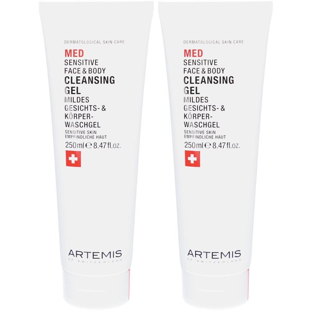 Deux tubes blancs. Texte: MED Sensitive Face & Body Cleansing Gel. Croix suisse. Marque ARTEMIS.