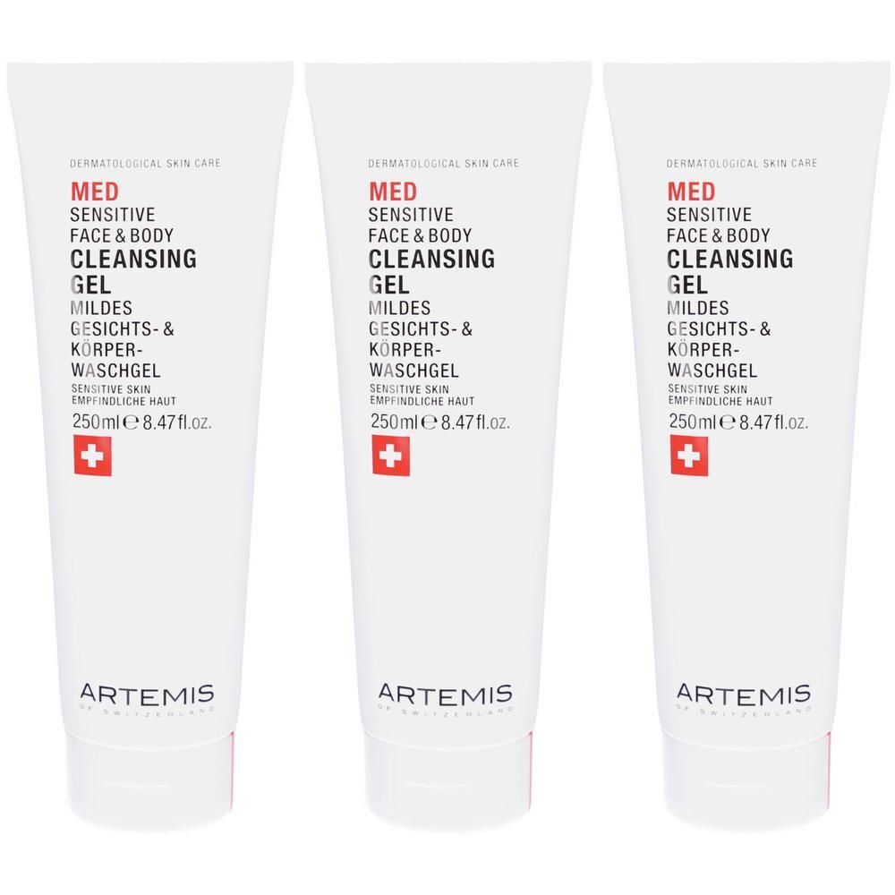 Trois tubes blancs avec texte rouge: MED Sensitive Face & Body Cleansing Gel. Croix suisse. Logo Artemis.