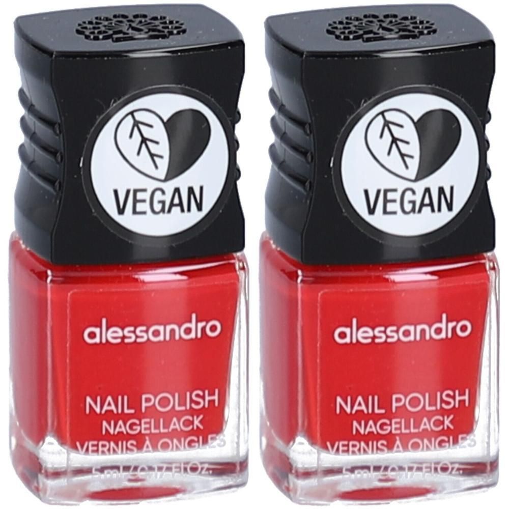 Zwei Flaschen roter Nagellack von Alessandro mit "Vegan"-Siegel.