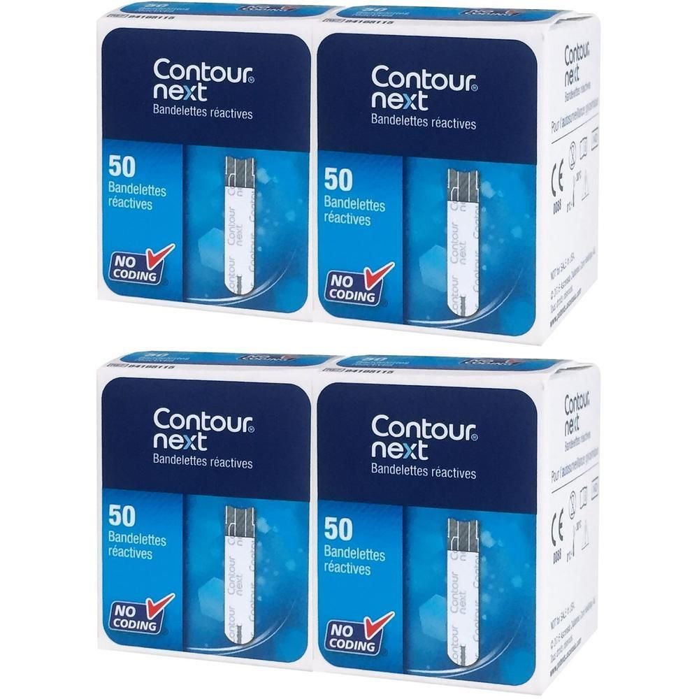 Vier Packungen Contour Next Teststreifen, jeweils 50 Stück. "NO CODING" ist sichtbar.