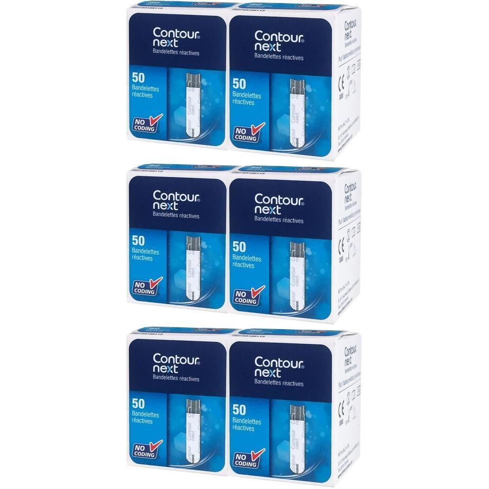 Sechs Packungen Contour Next Teststreifen, jeweils 50 Stück. Blaue Verpackung mit weißer Schrift und Bild eines Teststreifens.
