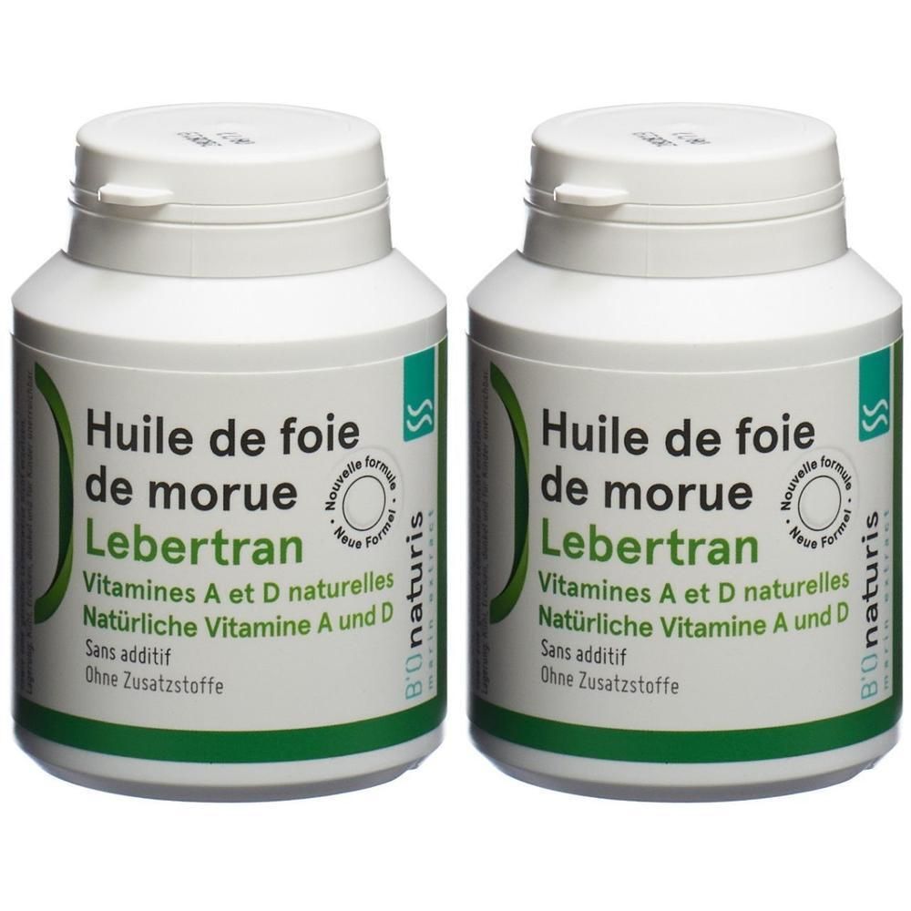 Zwei weiße Flaschen mit Schraubverschluss. Aufschrift: Huile de foie de morue Lebertran, Vitamine A et D naturelles, ohne Zusatzstoffe. Marke: Bionaturis.