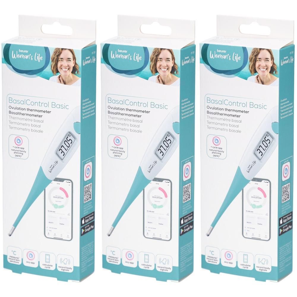 Drei Packungen Basalthermometer. Jede Packung zeigt ein Thermometer mit Display, das 37,05 Grad anzeigt. Auf der Verpackung steht "BasalControl Basic".