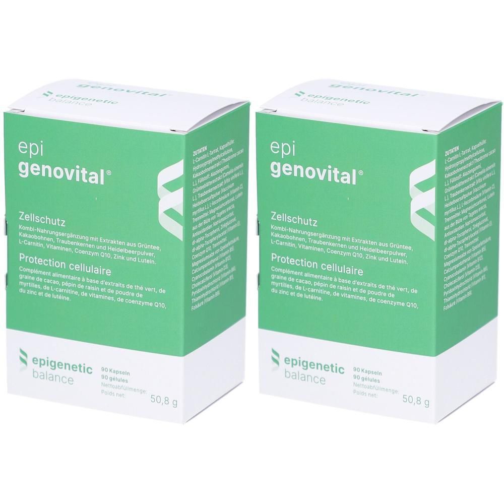 Deux boîtes vertes et blanches avec "epi genovital". Texte: Zellschutz, Protection cellulaire. En bas: "epigenetic balance".