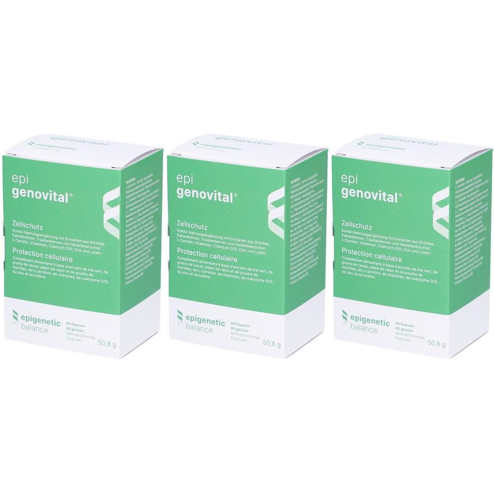 Trois boîtes vertes avec texte blanc. Chaque boîte affiche "epi genovital" et "Protection cellulaire".