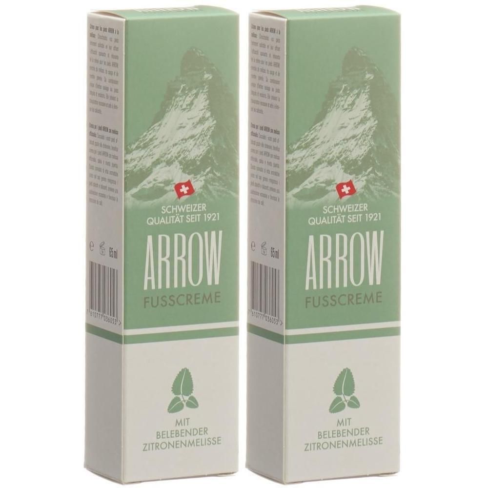 Zwei Packungen ARROW Fusscreme. Grün-weiße Verpackung mit Logo, Schweizer Flagge und Text. "Mit belebender Zitronenmelisse".